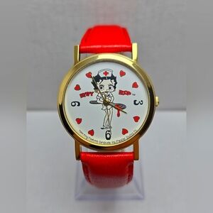 Betty Boop Eyes Move Watch Womens 33mm Gold Case Red Band Quartz  New Battery